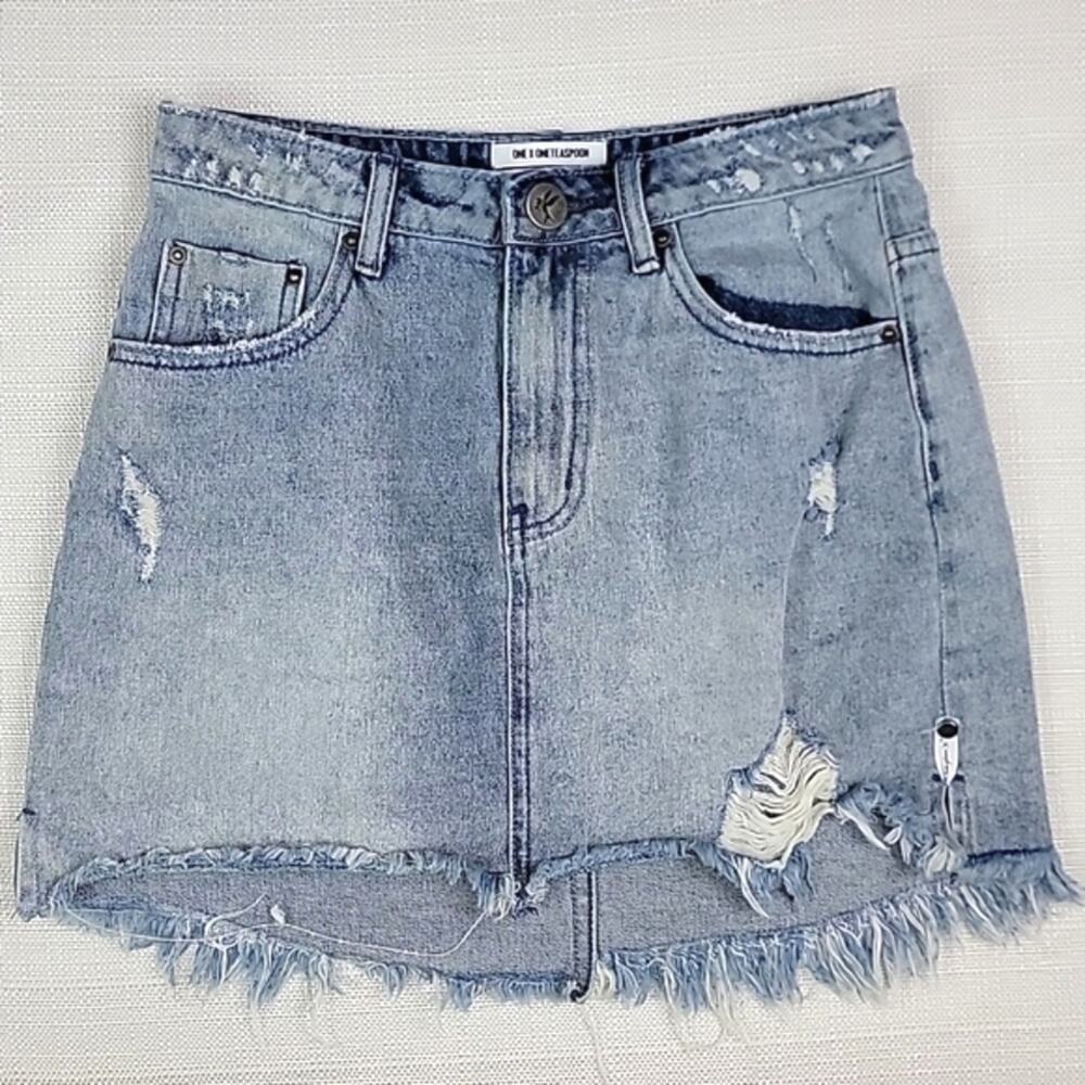 One X One Teaspoon Acid Washed Destroyed Denim Jean‎ Mini Skirt 28